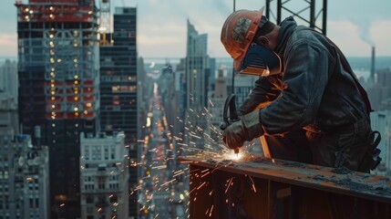 A construction worker in safety gear welds a steel beam on the edge of a skyscraper, with a bustling cityscape stretching into the horizon.
 - obrazy, fototapety, plakaty