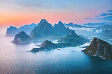 Lofoten islands sunset landscape in Norway aerial view rocks and sea travel beautiful destinations...