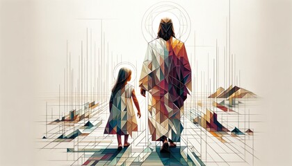 Jesus walking with a kid. Artistic composite image. Rear view. Conceptual vector illustration. - Powered by Adobe