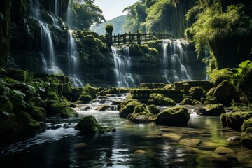 A beautiful waterfall flows in a forest, with a bridge in the background
