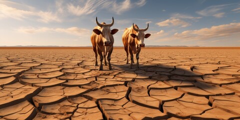 Cows graze in a dry field during drought, underscoring the importance of environmental care.