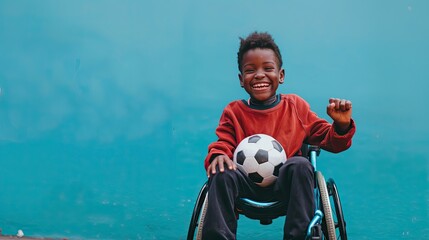 A stylish child in a wheelchair exudes joy, holding a football ball against a serene blue backdrop....