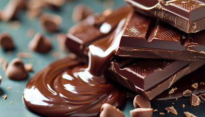 Chocolate texture. Liquid chocolate close-up. Texture dark chocolate. Brown dark milk chocolate...