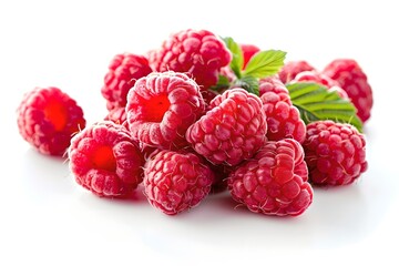 Heap of fresh raspberries isolated on a white background. Summer fruit concept. Design for banner,...