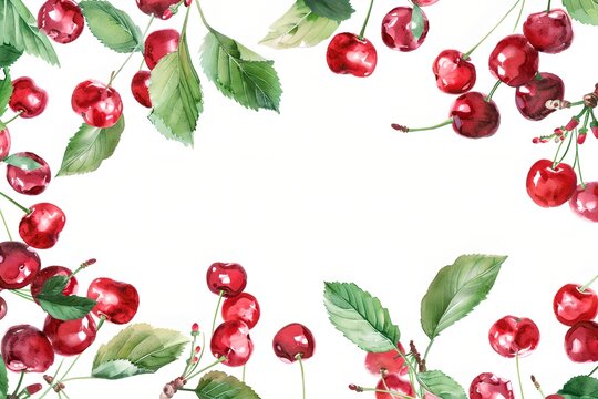 Cherry and red currant frame on a white background. Watercolor style illustration. Summer fruit concept. Design for banner, poster. Healthy food. 