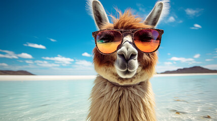 The idea of a beach holiday is portrayed with a llama wearing sunglasses, soaking in the ocean view