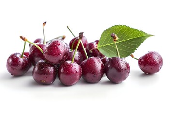Wet cherries with water drops isolated on white background. Summer fruit concept. Design for banner, poster. Healthy food