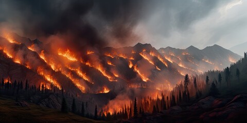 A wildfire is raging through the mountainous region, with dry grass and trees ablaze in the foreground. - obrazy, fototapety, plakaty