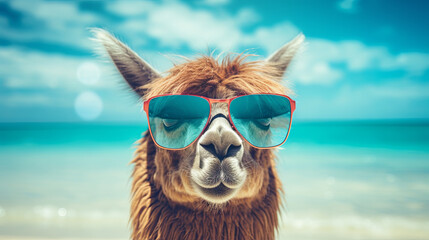 
The concept of a beach holiday is represented by a llama sporting sunglasses and enjoying the ocean view