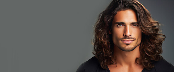 Fototapeta premium Portrait of an elegant sexy smiling Latino man with perfect skin and long hair, on a silver background.
