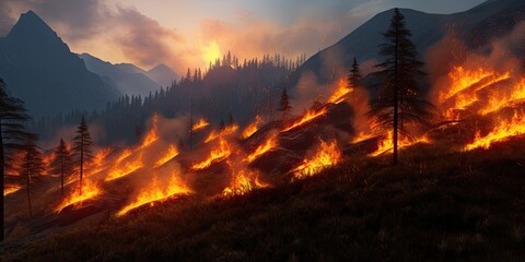 The mountains are experiencing a forest fire, with the foreground consumed by the burning of dry grass and trees. - obrazy, fototapety, plakaty