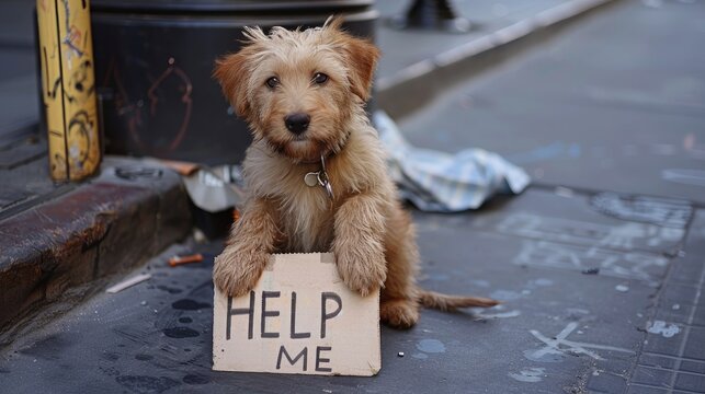 A cute puppy lies by the street border, beside a cartoon sign reading 'HELP ME,' evoking compassion and urging action for animal rescue.