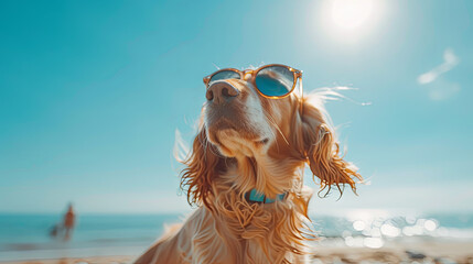 A dog wearing sunglasses stands against a backdrop of a blue sky