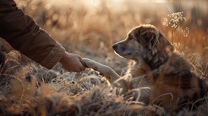 A person's hand gently cradles a dog's paw against a backdrop of lush nature, symbolizing the deep...