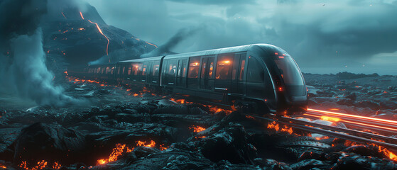 Futuristic train moving on the magma valcano, fantasy theme - obrazy, fototapety, plakaty