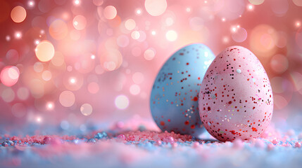 Two pastel pink and blue colored Easter eggs with glitter on an background with bokeh lights, easter concept