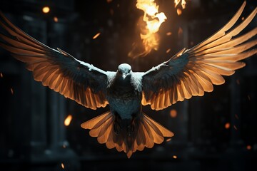 A white dove spreads its wings in front of a blazing fire, showing a striking contrast between the creature and the intense heat. - obrazy, fototapety, plakaty