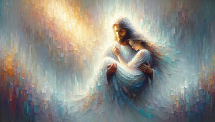 Young woman in white dress in the arms of Jesus. Digital painting.