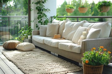 Cozy balcony with sofa and green plants