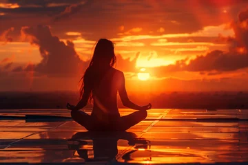 Fotobehang Woman Long Black Hair Sitting on a Roof and doing yoga at sunset, meditating relaxing stress relief © Zenturio Designs