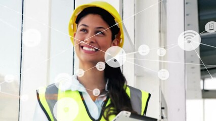 Animation of network of communication icons over happy biracial female architect in hard hat - Powered by Adobe