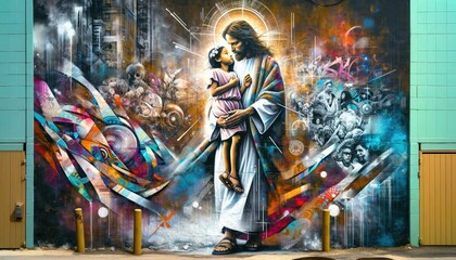 Jesus holding a little girl in front of graffiti wall. Graffiti art.