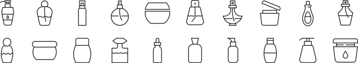 Bundle of linear symbols of cosmetic bottles. Editable stroke. Linear symbol for web sites, newspapers, articles book - obrazy, fototapety, plakaty