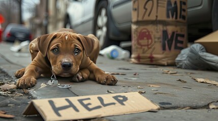 A cute puppy lies by the street border, beside a cartoon sign reading 'HELP ME,' evoking compassion and urging action for animal rescue.