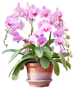 A beautiful realistic watercolor artwork of an one pink orchid flower growing in a terracotta flowerpot, illustration isolated on transparent background, PNG.
