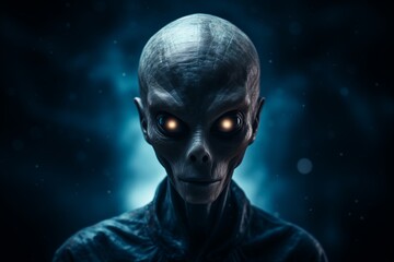 A mysterious alien man with glowing eyes stands in the darkness, casting an eerie presence.