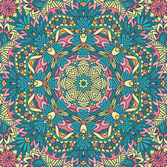 Vector seamless pattern ethnic boho art mandala. Doodle design with colorful ornament.
