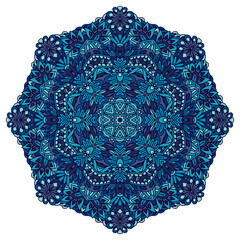 Abstract Medallion ethnic Blue geometric mandala Lace. Winter snowflake style medallion rosette.