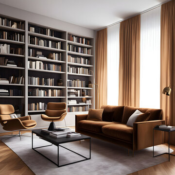 3d render of a modern living room, living room with a book library 