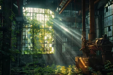 Zelfklevend Fotobehang Sunlight streaming through old factory windows © gearstd