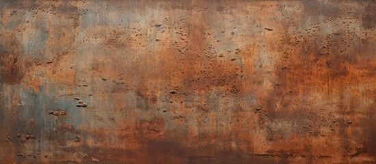 A detailed view of a weathered metal surface displaying tints and shades of brown, resembling hardwood flooring or brickwork. The rustic pattern is reminiscent of art with wood stain accents - obrazy, fototapety, plakaty