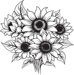 Golden Blossoms Opulent Sunflower Bouquet Vector Black Logo Sunshine Symphony Melodic Bouquet Vector Black Logo Icon