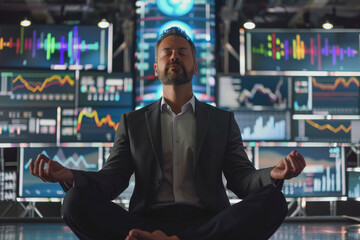 Stress at work. An executive businessman doing yoga meditating at business financial office with screens showing graphs and data. Meditation and relaxing during hard working day