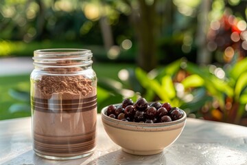 Organic Camu Camu Powder in Jar with Fresh Berries Nearby