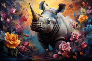 A painting featuring a rhino standing amidst a vibrant array of flowers. - obrazy, fototapety, plakaty