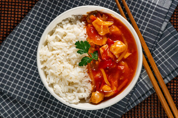 Delicious chicken in sweet and sour sauce.
