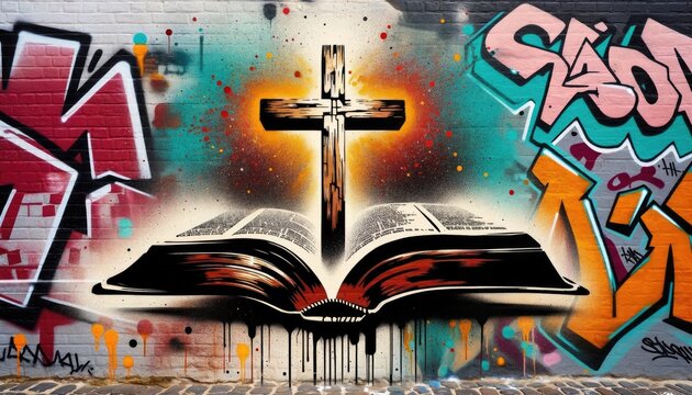Open Bible with a cross on the wall, colorful graffiti.