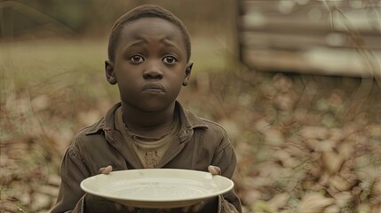 A poignant scene captures an African American child in his village, displaying an empty plate, shedding light on the harsh reality of childhood hunger and poverty