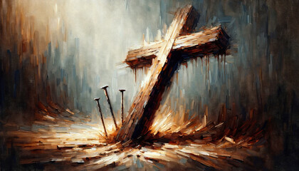  Arma Christi: Holy Nails, and Cross. Wooden cross and nails on a wall, 3d rendering. Computer digital drawing.