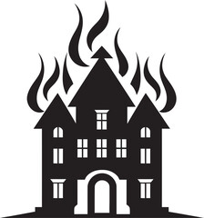 Emergency Emblem Burning Building Vector Black Logo Design Firestorm Symbol Building on Fire Vector Black Logo Icon