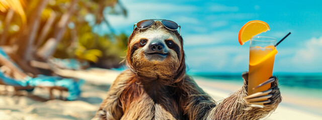 Fototapeta premium sloth with a cocktail on the background of the sea beach