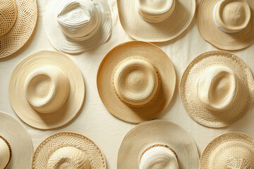 Fototapeta na wymiar Collection of Various Hats on Light Colored Cloth Background
