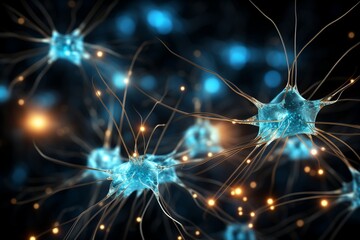 Fototapeta premium Close-up view of neural synapses with active electrical impulses.