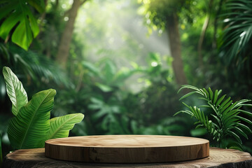 Empty wooden podium with tropical forest backdrop for product display