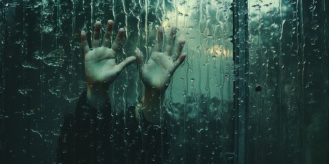 Person standing in front of window, holding hands out