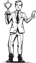 Milestone Champion Trophy Holding Businessman Vector Black Logo Design Business Excellence Businessman with Trophy Vector Black Logo Icon